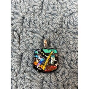 Dichroic Fused Glass Pendant Multicolor Abstract Square 1.25 inches